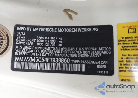 2015 Mini Hardtop Cooper из США, поврежденный, VIN WMWXM5C54FT939860